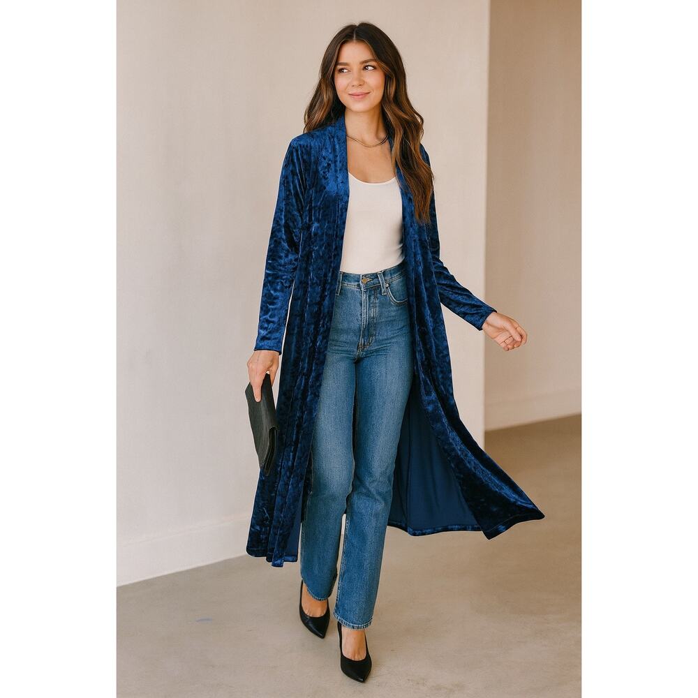 Navy Blue Jewel Tone Crushed Velvet Longline Cardigan Duster | Open Front | Sm